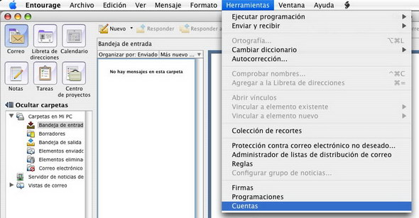 Configurar una cuenta de correo en Entourage (Mac) Ayser Paso 1