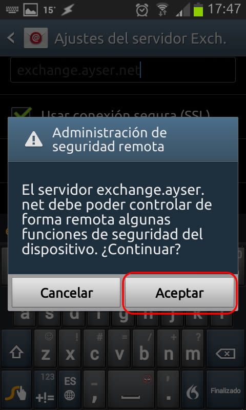 Configuración de una cuenta Exchange 2010 en dispositivos Android - Ayser - Paso 6